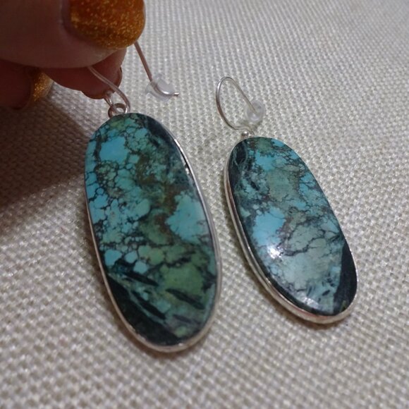 Natural AFRICAN TURQUOISE Handmade Sterling 925 Dangle Earrings #617C - Picture 3 of 3